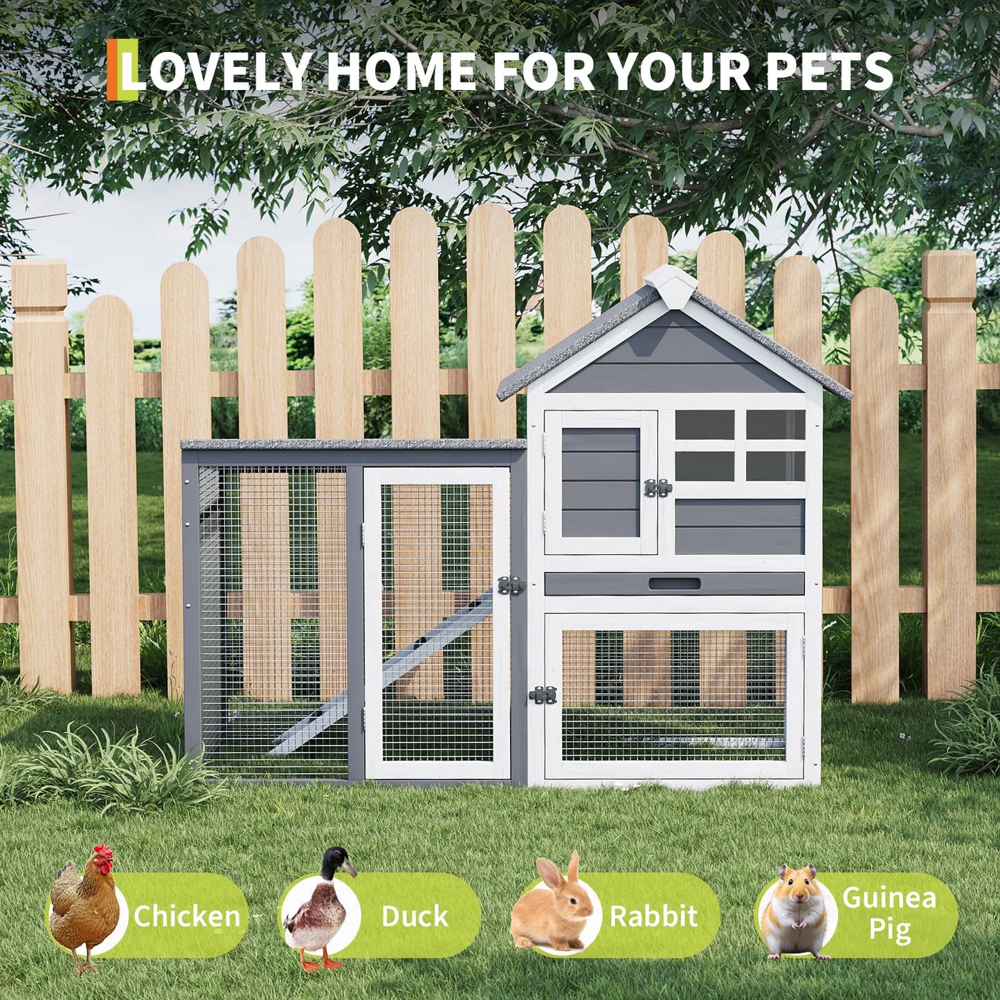 GarveeTech 2-Story Rabbit Hutch Outdoor, 45" Bunny Hutch, Small Chicken Coop Wooden with Pull-Out Tray & Ramp, Bunny Cage with Waterproof Roof, Poultry Cage for Bunnies, Chickens, Ducks, Guinea Pigs
