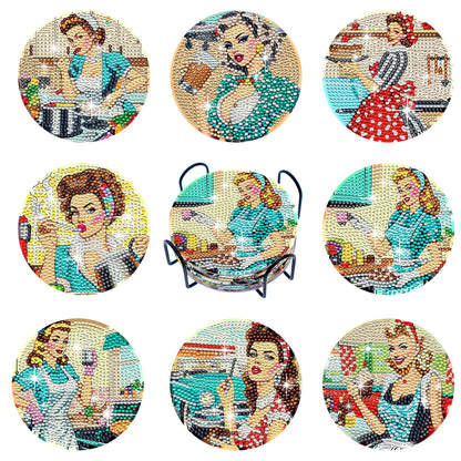 Eimilaly 8 Pcs Retro Pin-up Girl Diamond Painting Coasters with Holder for 70s 80s 90s Disco Party Decor, Suit for Beginners Kids Adults
