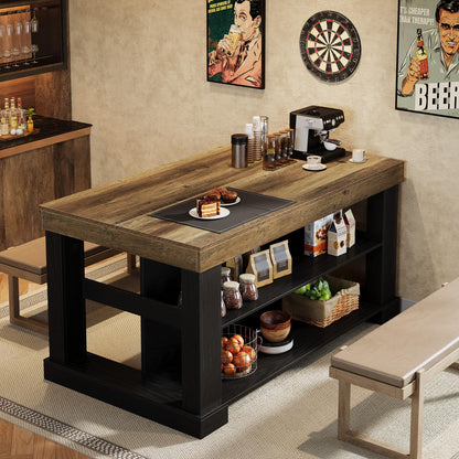 Tribesigns Kitchen Island with 3 Shelves, 55 Inches Width Kitchen Shelf with Large Worktop, Stable Wooden Structure, Farmhouse Style, Easy to Assemble, Black and Brown