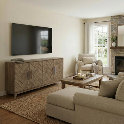 Lab Cosi 62.9" Sideboard Buffet Cabinet with Storage, Herringbone Wood Credenza with 4 Doors, Wood Coffee Bar Table Console for Hallway, Dining Room, Living Room, Kitchen