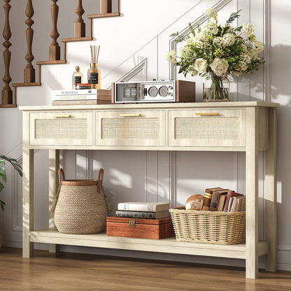 ELYKEN Rattan 51.2" Console Table with 3 Drawer, Entryway Table with Drawer & Shelf, Boho Sofa Table Behind Couch Foyer for Living Room, Hallway, Natural Wood