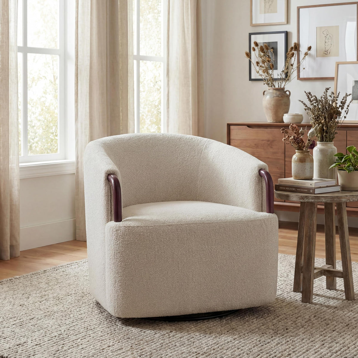 Christopher Knight Home Shiza Modern Swivel Chair with Solid Wood Base, Comfy Swivel Accent Chair with Curved Design, Soft Boucle Upholstered Lounge Sofa Chair for Living Room/Bedroom, Beige