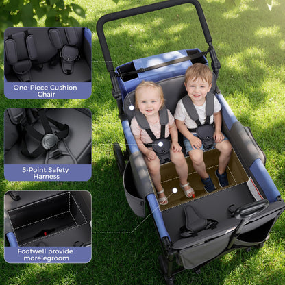 MOMFANN Wagon Stroller for 4 Kids, All-Terrain 4-Seater Folding Wagon with 5-Point Harness, Adjustable Push-Pull Handle, Removable Canopy, Oversized Storage Organizer, Compact Fold - Grey