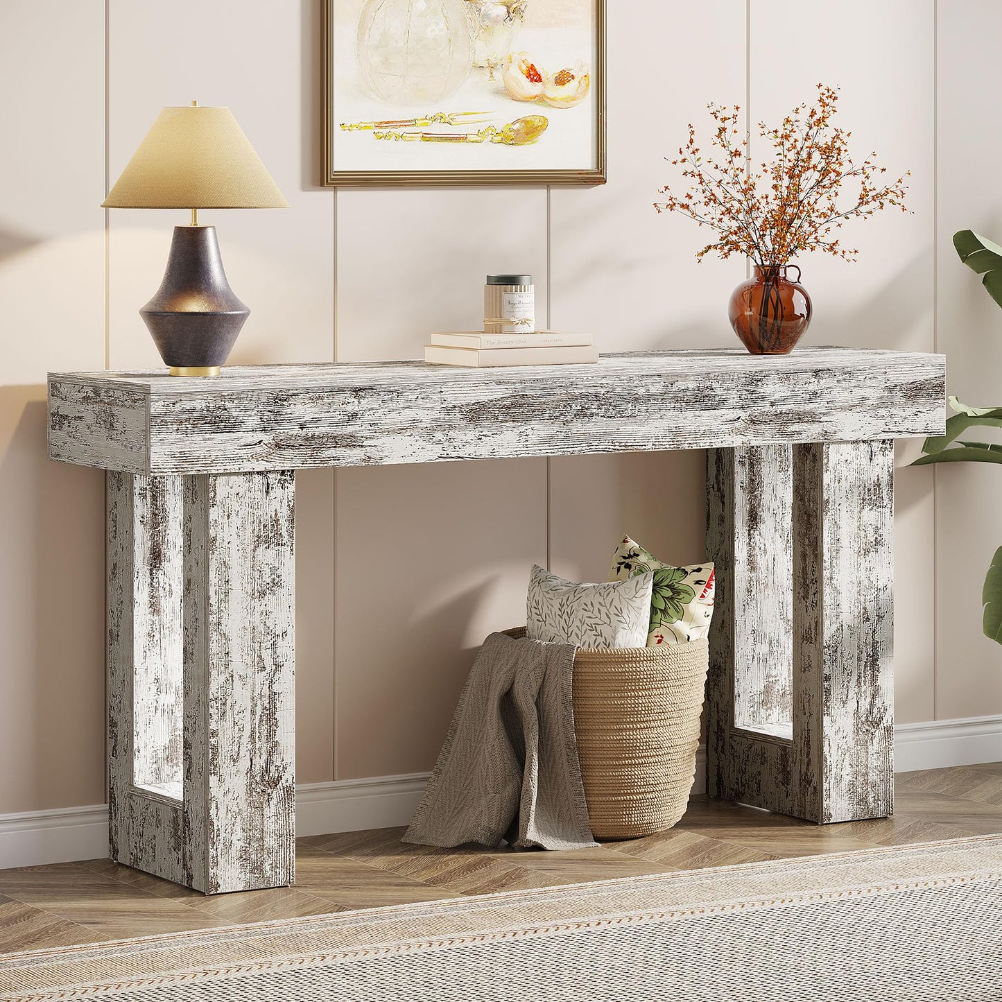 Tribesigns 63-Inch Long Console Table, Wooden Rectangular Sofa Table Behind The Couch, Farmhouse Entryway Table for Entrance, Hallway, Living Room (Distressed White)