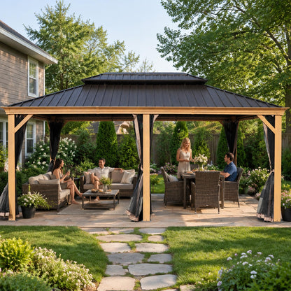Kozyard Apollo 12’x18’ Hardtop Gazebo, Wooden Coated Aluminum Frame Canopy with Galvanized Steel Double Roof, Outdoor Permanent Metal Pavilion with Netting for Patio, Lawn