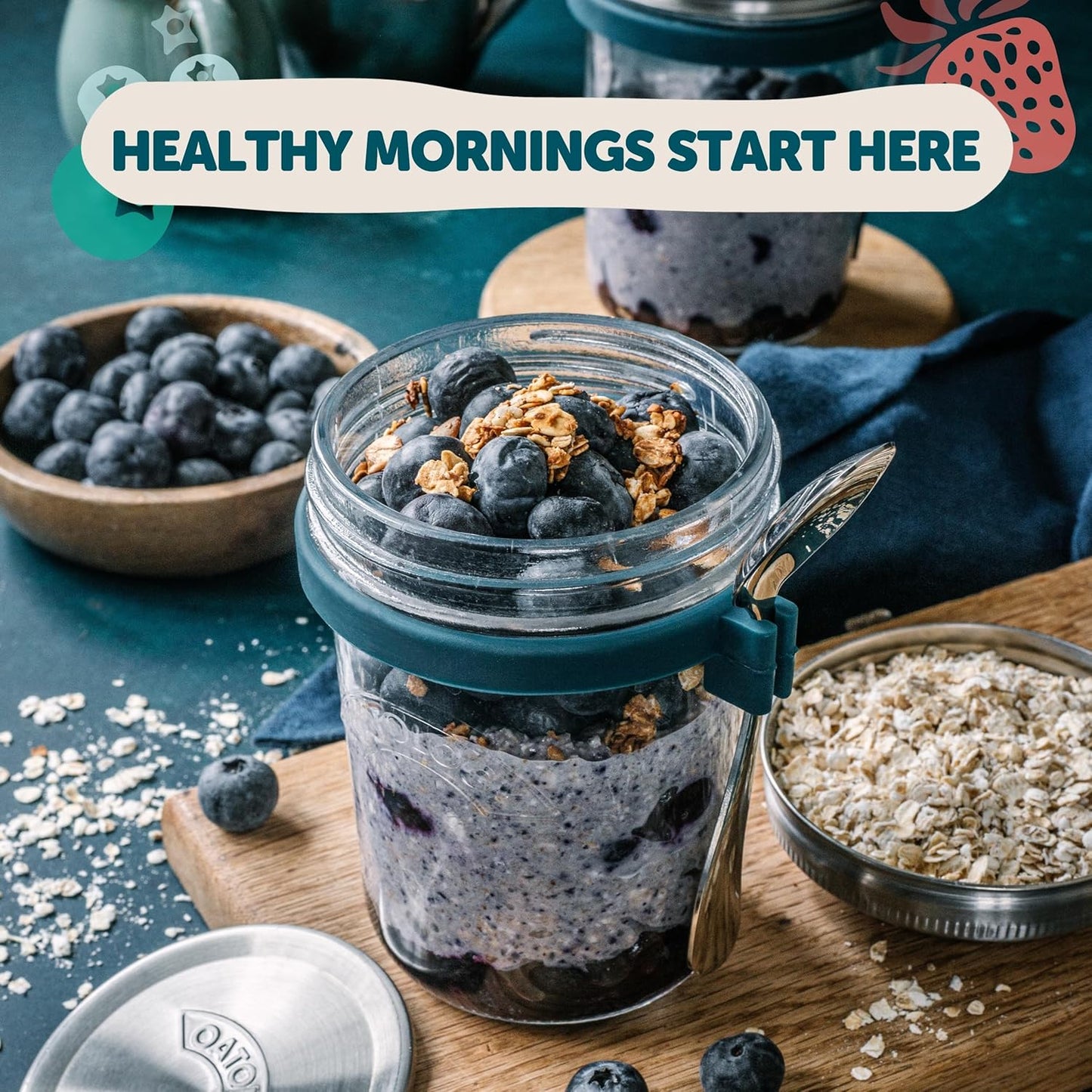 16oz Set 2 Pack Overnight Oats Containers with Lids & Spoons - Stainless Steel Lid Leakproof Glass Jars for Chia