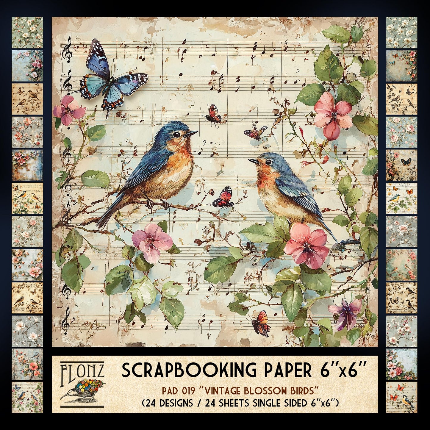FLONZ Scrapbook Paper (24 sheets 6"x6") Vintage Blossom Birds ~ A delicate collection of floral and songbird illustrations in aged pastel tones with distressed textures and soft painterly charm