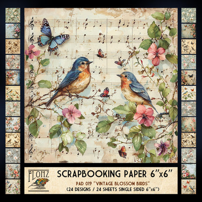 FLONZ Scrapbook Paper (24 sheets 6"x6") Vintage Blossom Birds ~ A delicate collection of floral and songbird illustrations in aged pastel tones with distressed textures and soft painterly charm