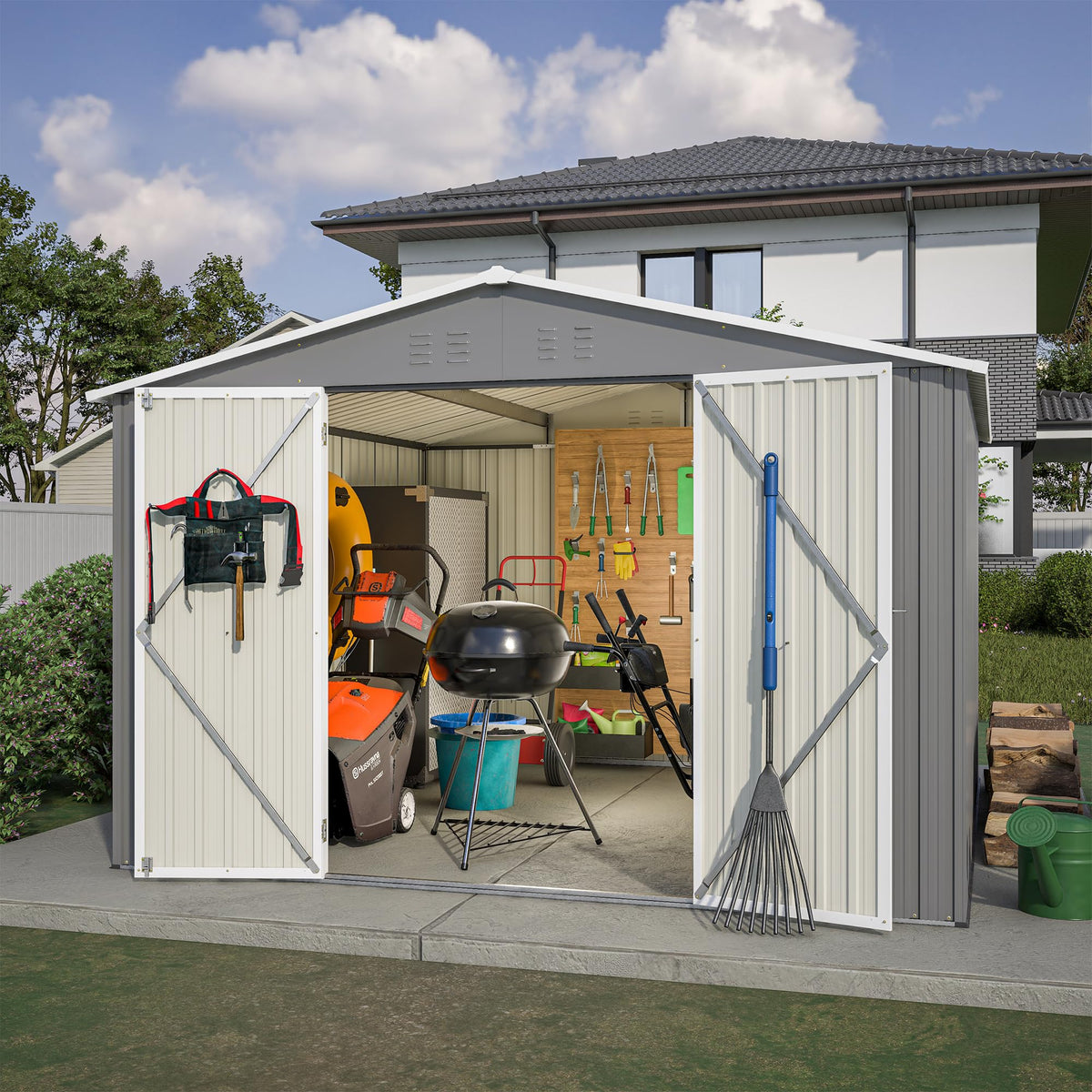 YOPTO 10X10 FT Outdoor Storage Shed,Metal Shed W/Lockable Doors,Air Vents & Sloped Roof,Garden Tool House W/Updated Frame Structure,for Backyard Patio Lawn,Gray