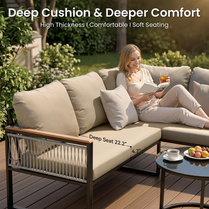 Crestlive 6 Piece Patio Furniture Set, Modern L-Shaped Outdoor Sectional Sofa with Nesting Tables, 4 Inch Thick Cushion, All Weather Resistant Outdoor Furniture Set for Backyard Patio Garden