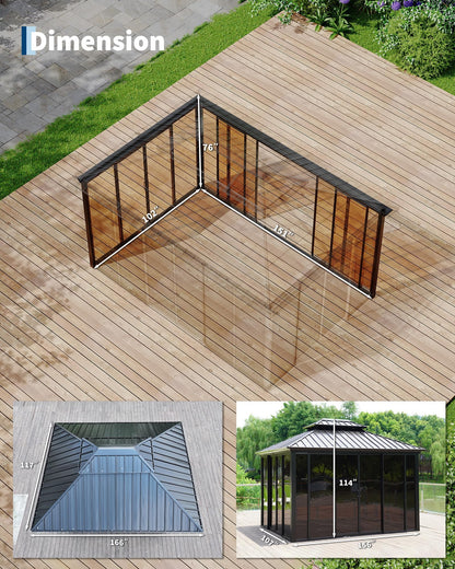 GarveeLife 10x14 ft Sunroom Hardtop Gazebo, Enclosed Gazebo with Floor-to-Ceiling Sliding Doors, All-Aluminum Alloy Frame, Screen Outdoor Room Solarium for Backyard, Patio, and Deck