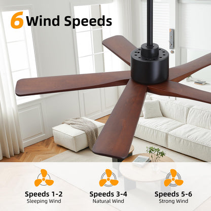 WINGBO 48" DC Ceiling Fan No Light - 5 Carved Solid Wood Blades, 6-Speed Reversible DC Motor, Ceiling Fan without Lights for Living Room Bedroom Kitchen Patio, Indoor and Outdoor, Black and Walnut