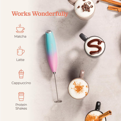 Powerful Handheld Milk Frother - Mini Milk Foamer, Battery Operated Stainless Steel Mixer with Frother Stand
