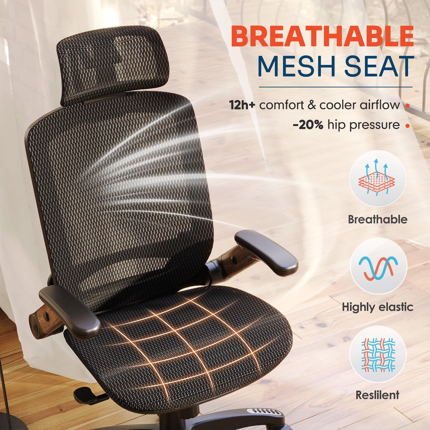 GABRYLLY Ergonomic Office Chair, High Back Home Desk Chair with Headrest, Flip-Up Arms, 90-120° Tilt Lock and Wide Cushion, Big and Tall Mesh Chairs for Man Woman, Black Task Chair(Dark Woodgrain)