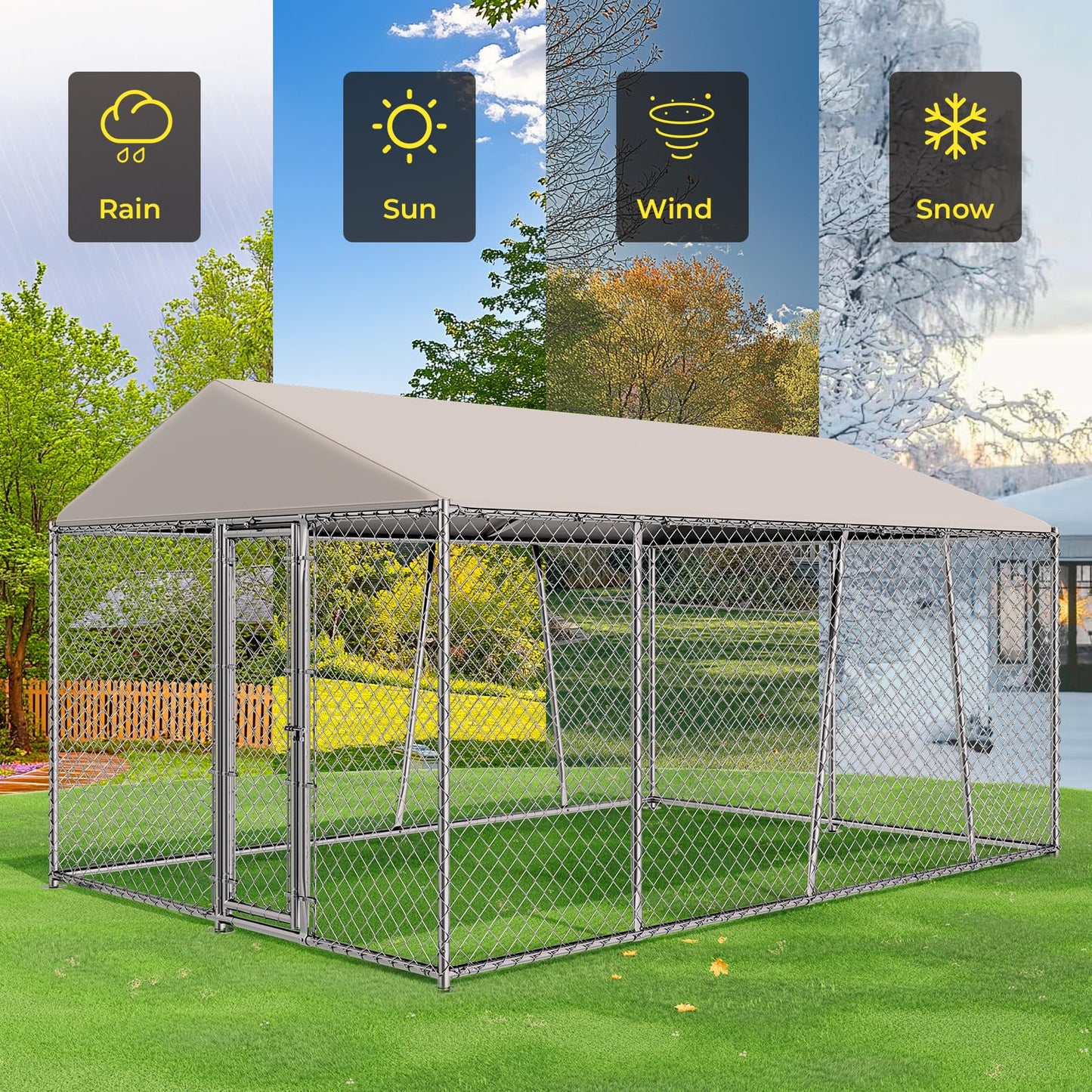 Lyromix 10 x 15FT Large Outdoor Dog Kennel with Roof, Dog Kennel Outside with Waterproof Cover, Galvanized Heavy Duty Chain Link Dog Runs Cage Playpen for Outside with Secure Lock