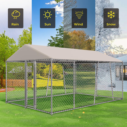 Lyromix 10 x 15FT Large Outdoor Dog Kennel with Roof, Dog Kennel Outside with Waterproof Cover, Galvanized Heavy Duty Chain Link Dog Runs Cage Playpen for Outside with Secure Lock