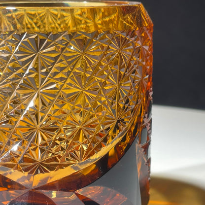 KazeoKoi Kazeako Crystal Whiskey Glasses, Amber Japanese Edo Kiriko Hand Cut Crystal, Vintage Textured Design, Bourbon Cocktail Tumbler, 2 Pack with Gift Box and Coasters (amber)