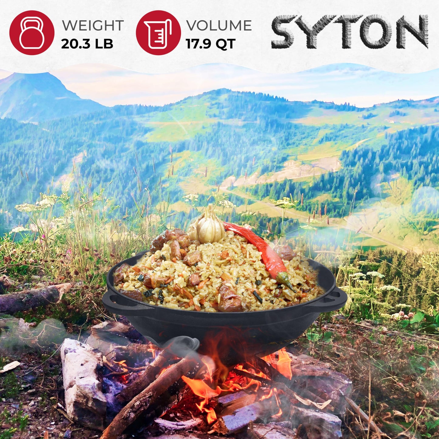 Dutch Oven Pot with Lid Syton (18 Quarts (17 L) - Camping Dutch Oven - Cast Iron Cookware Set - Uzbek Kazan Cast Iron – Premium Camping Cookware – 2 in 1 Lid as Frying Pan + Cauldron
