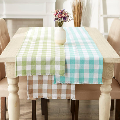 DII - Heavyweight Fringed Check Table Runner, 14x72, Stone Brown