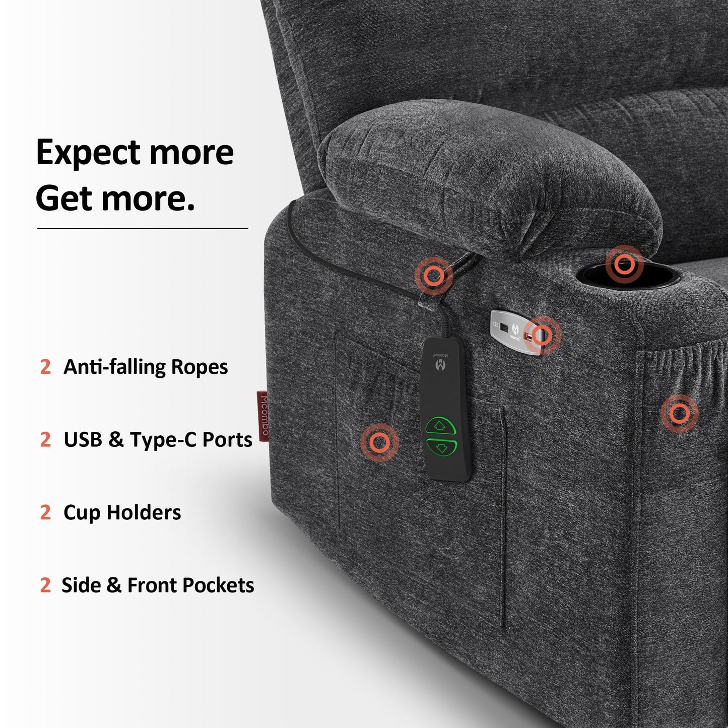 MCombo Power Lift Recliner Chair for Elderly, Lift Chair with Heat and Massage, USB &Type C Ports, Cup Holders, Fabric 7095 (Medium, Dark Grey)