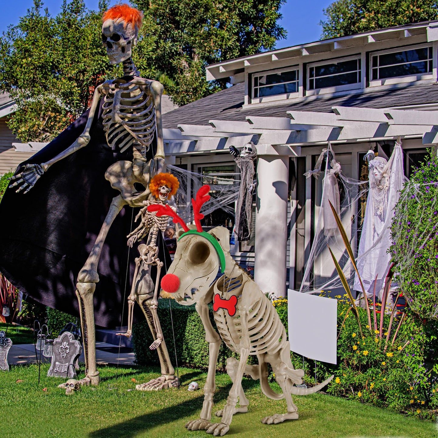 Knitgrip 7 ft Skeleton Dog Accessories Christmas Halloween Skeleton Dog Accessories Set Giant Reindeer Horns Skull Nose Neck Collar Hanging Sign Suitable for Holiday Decoration Outdoor Garden Lawn