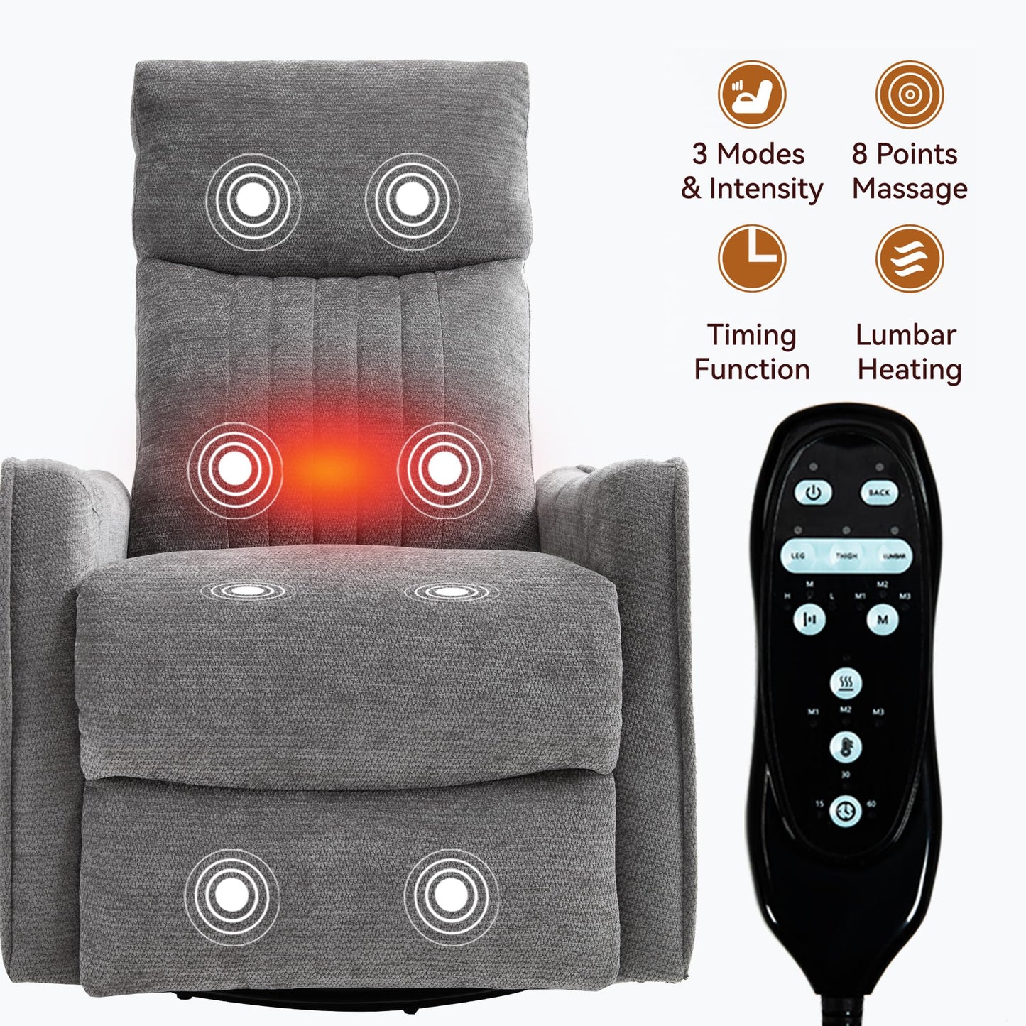 KEIKI 4-in-1 Manual Swivel Rocker Recliner Chair for Living Room, Chenille Nursery Glider Rocking Chairs with Back Massager & Heat, Ideal for Senior Adults True Relaxation, Dark Gray
