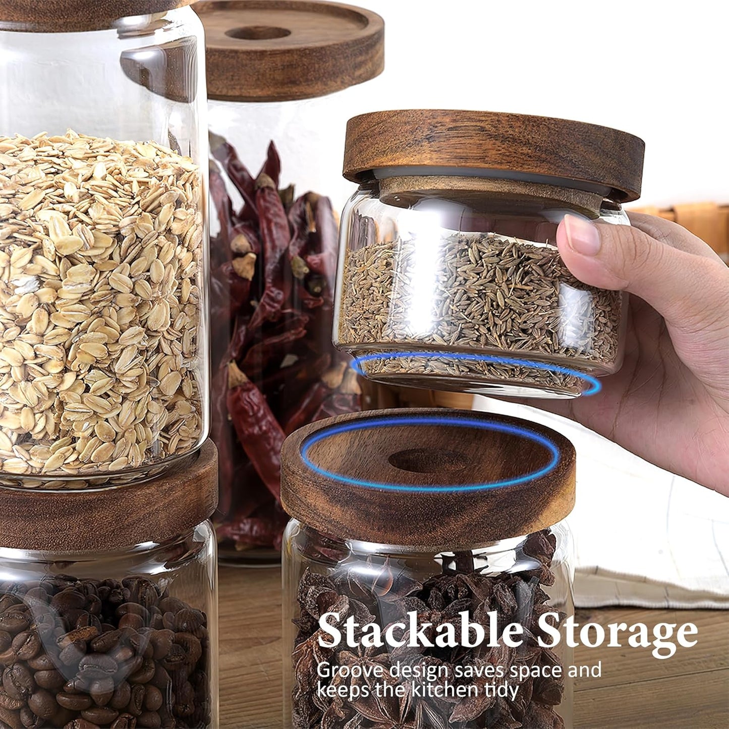 720ML/24Oz Clear Glass Storage Canister with Airtight Wood Lid, Modern Decorative Container for Coffee, Spice, Candy