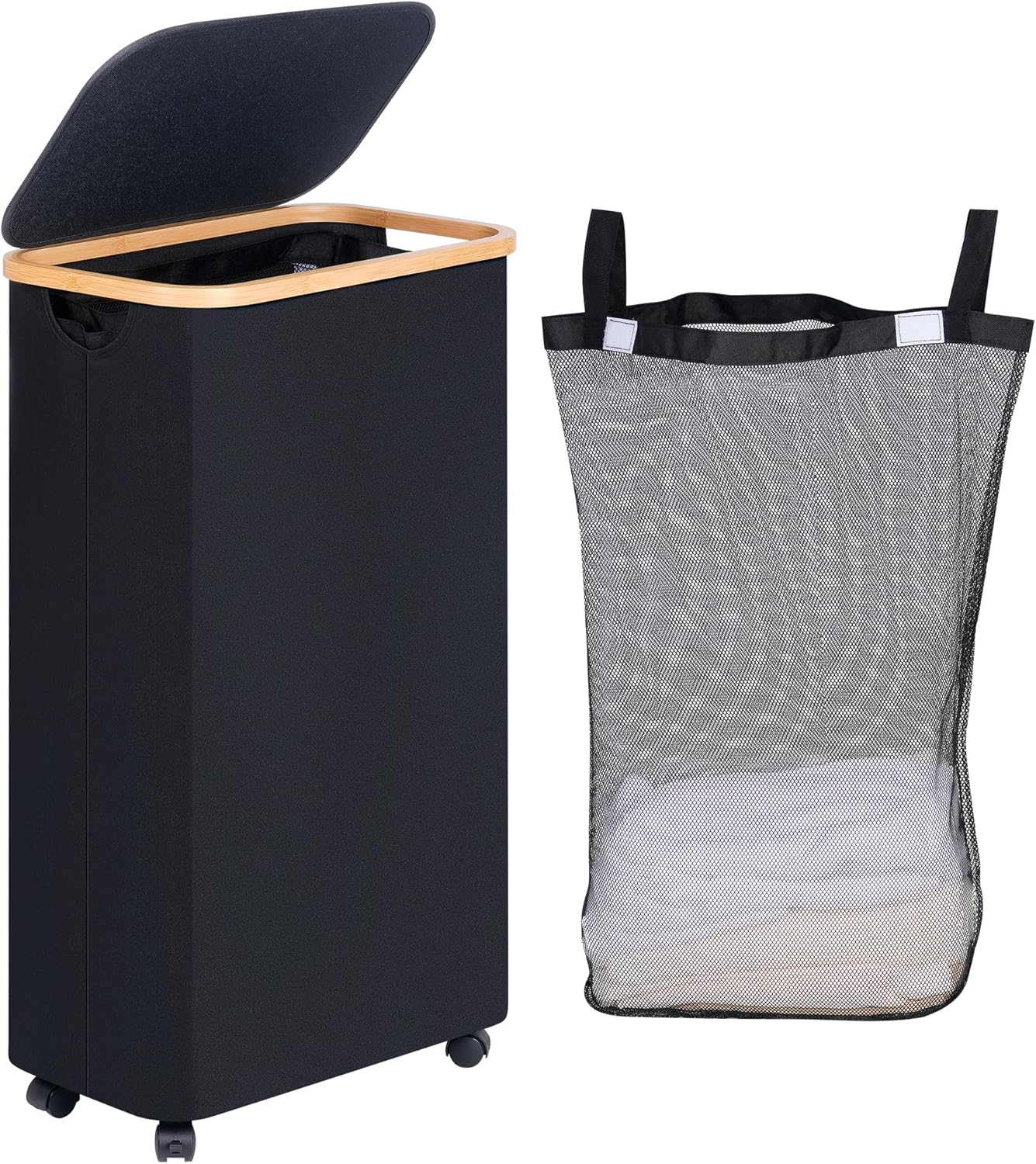 Slim Rolling Laundry Basket with Lid and Removable Bag, 75L Narrow Dirty Clothes Basket with Wheels (Black)