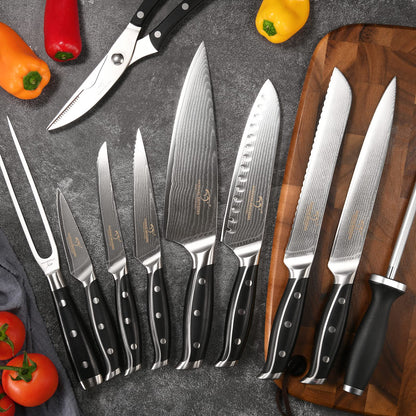 16-Piece Damascus Knife Set with Block, VG10 67-Layer Damascus Steel Kitchen Knife Set with Triple-Rivet Handles, 6 Steak Knives, Meat Fork, Sharpener & Scissors, Natural Wood
