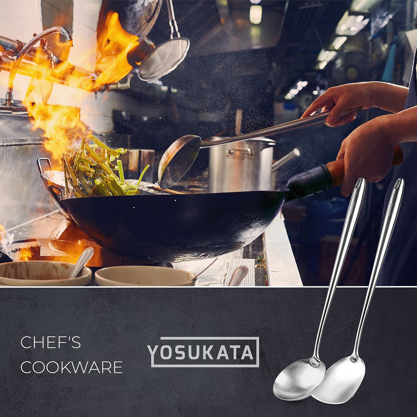 YOSUKATA 17’’ Wok Spatula and Ladle - Set of 2 Heat-Resistant Wok Tools - Universal Wok Ladle and Spatula - High-Grade 304 Stainless Steel Cooking Utensils and Wok Accessories - Solid Wok Utensils