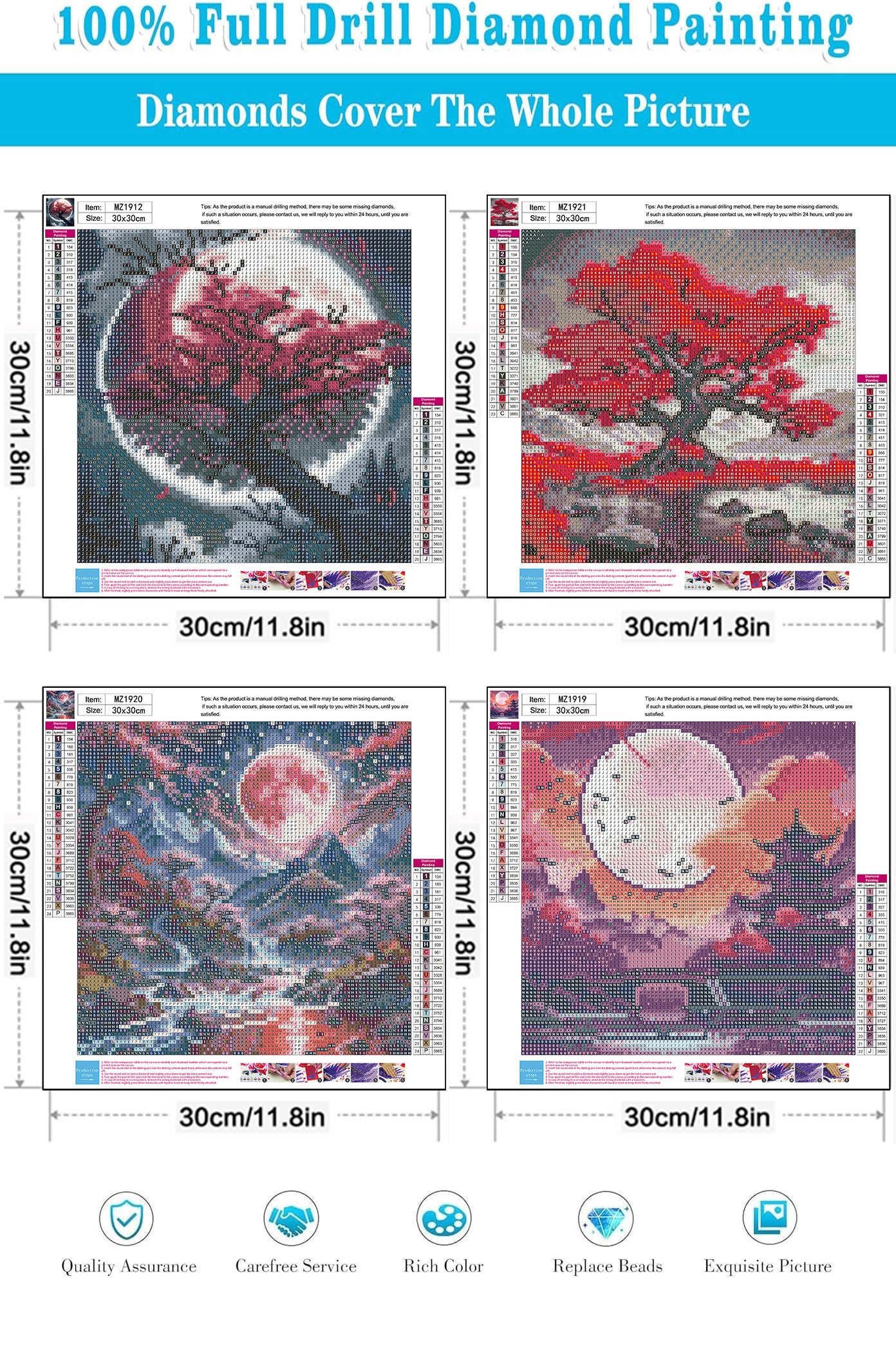Zythron 4PCS Diamond Art Kits for Adults,Moon Diamond Art Landscape Diamond Painting Tree DIY 5D Full Drill Gem Art Painting Kit for Home Wall Decor Gifts 12x12 in