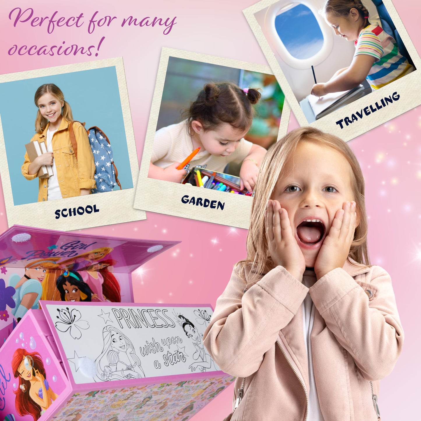 Disney Stitch Colored Pencils Art Supplies Kids School Supplies Set Stationery Girls Drawing Pencils Supplies Travel Case with Crayons Arts and Crafts for Kids 4-12 (Pink Princesses)