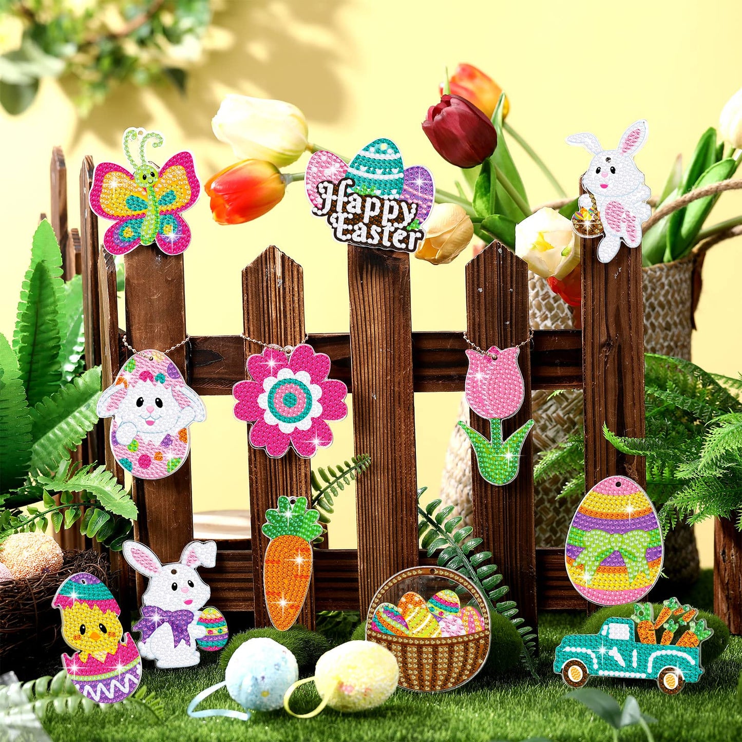 Ferraycle 12 Piece Easter Diamond Painting Kit 5d DIY Diamond Art Kits with Easter Egg Bunny Carrot Hanging Ornaments for Spring Crafts Family Decor