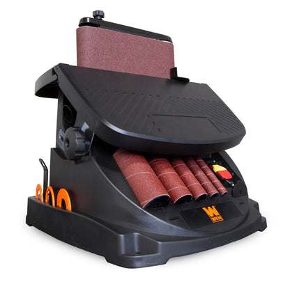 WEN 6524 Oscillating Belt and Spindle Sander & POWERTEC 4 x 24 Inch Sanding Belts, 3 Each of 60 80 120 150 240 400 Grits, 18PK