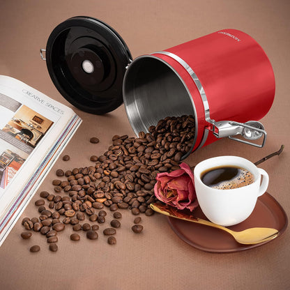 Mixpresso 16 Oz Red Coffee Canister, Stainless Steel Airtight Container with Date Tracker, Vacuum Sealed