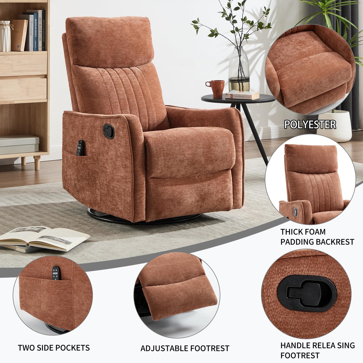 KEIKI 4-in-1 Manual Swivel Rocker Recliner Chair for Living Room, Chenille Nursery Glider Rocking Chairs with Back Massager & Heat, Built for Mobile Home Relaxation on Long Road Trips Journey, Orange