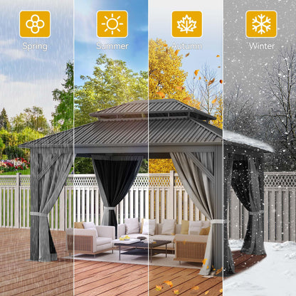 DWVO 14x12FT Gazebo Hardtop Outdoor Double Roof with Nettings and Curtains, Heavy Duty Galvanized Steel Roof Aluminum Gazebo for Patio, Backyard, Deck, Lawns, Gray