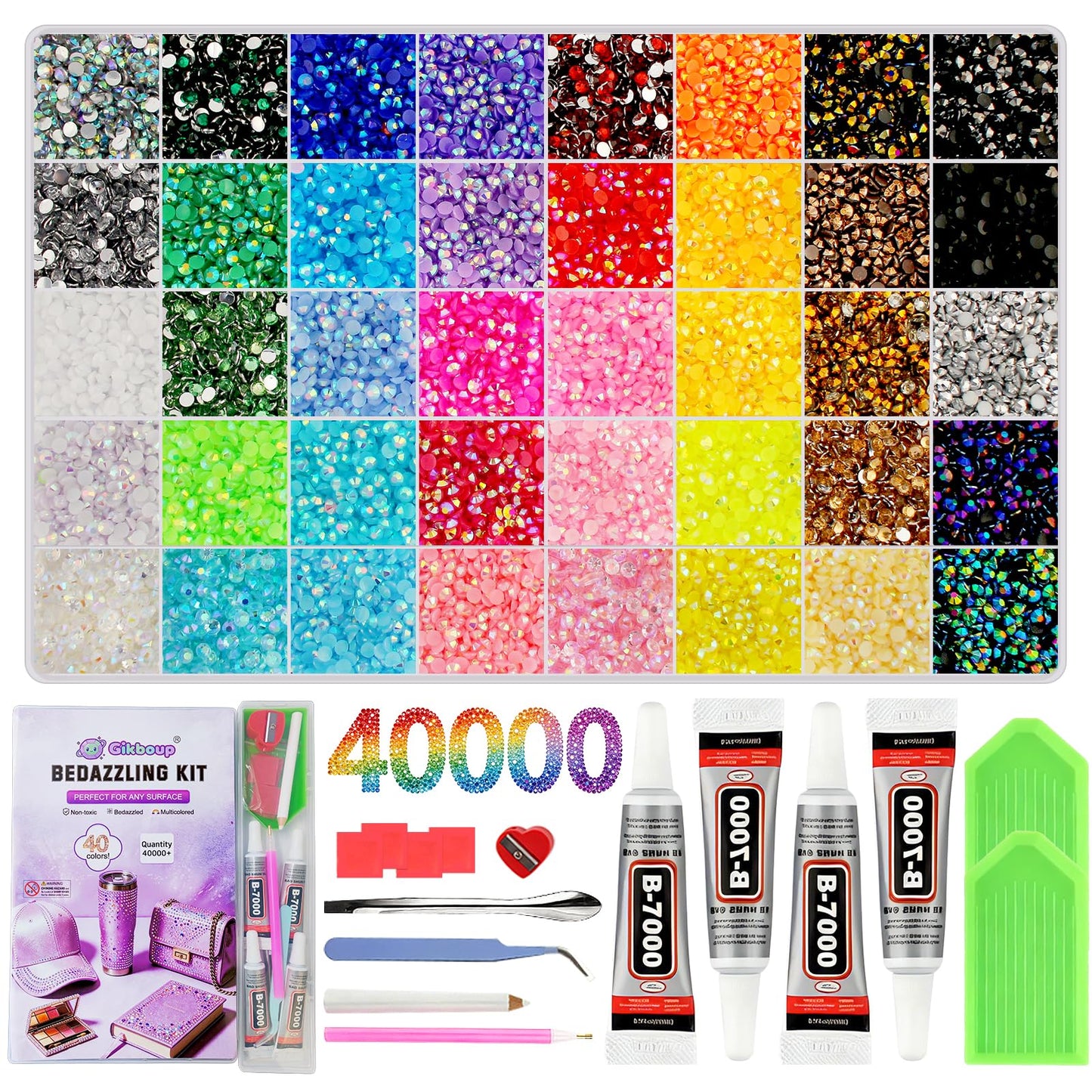 Gikboup 40000 Pcs 40 Colors Bedazzling Kit with Rhinestones,3mm Jelly AB Resin Flatback Gems with 4 B-7000 Glue, 40-Grid Storage Box, Tweezers, Trays and Tools for Crafts, Cups, Phone Cases