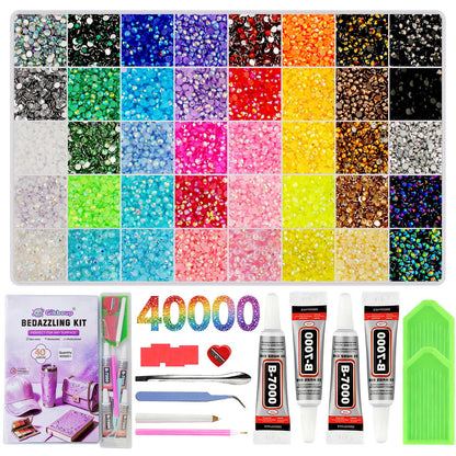 Gikboup 40000 Pcs 40 Colors Bedazzling Kit with Rhinestones,3mm Jelly AB Resin Flatback Gems with 4 B-7000 Glue, 40-Grid Storage Box, Tweezers, Trays and Tools for Crafts, Cups, Phone Cases