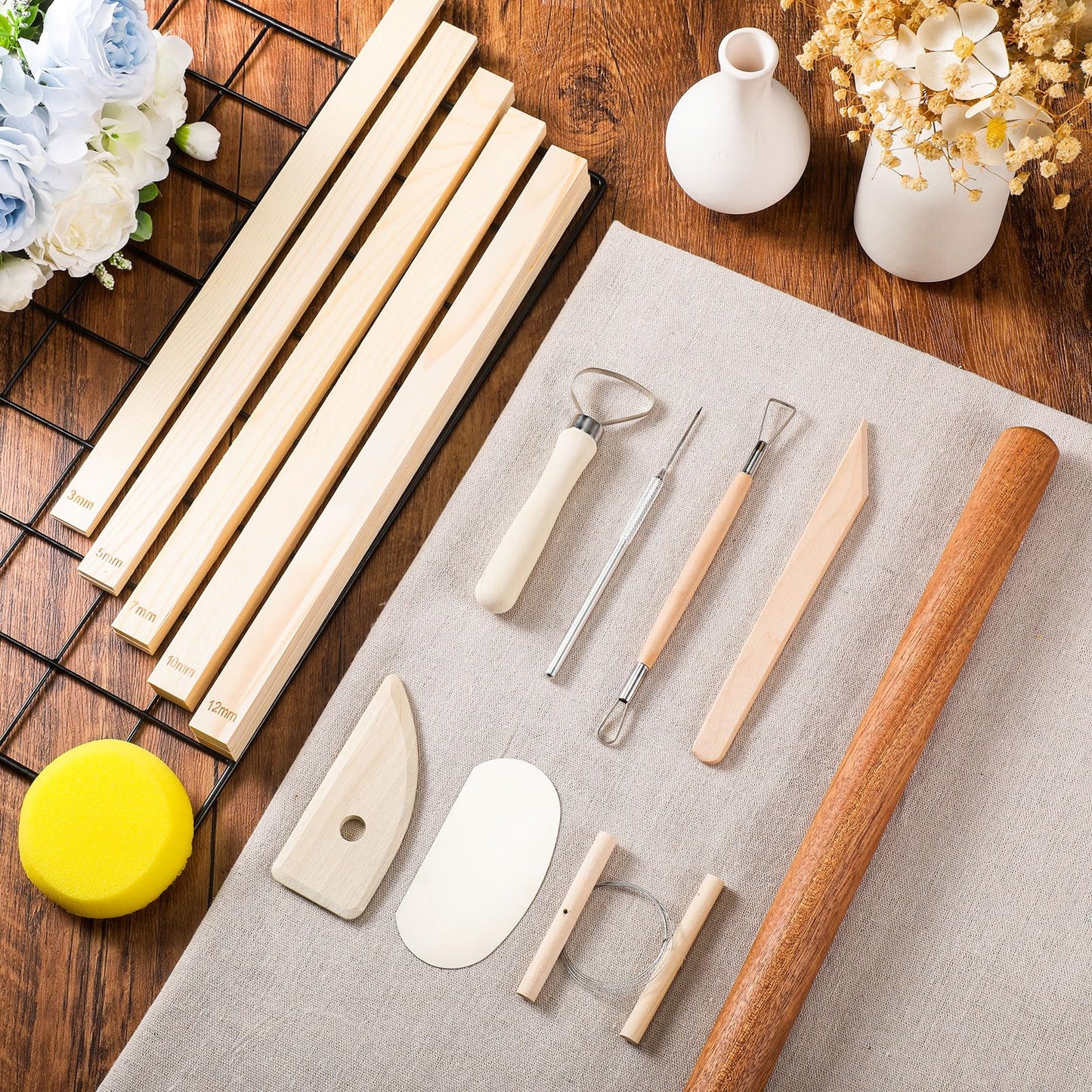 Baderke 20 Pcs Pottery Teaching Set, Includes 1 Wooden Rolling Pin, 10 Pottery Teaching Rolling Mud Stick Guide, 8 Clay Sculpting Tools, 1 Special Linen for Ceramic Clay Making