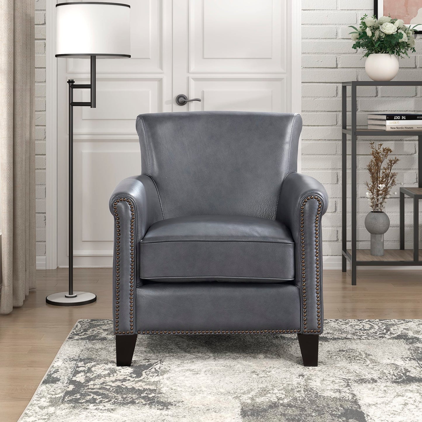 Lexicon 100% Top Grain Genuine Leather Chair, Leather Accent Chairs for Living Room, Solid Wood Frame, Rolled Armrest & Nailhead Trim, Comfy Reading for Bedroom, Office, Waiting Room, Burnish Gray