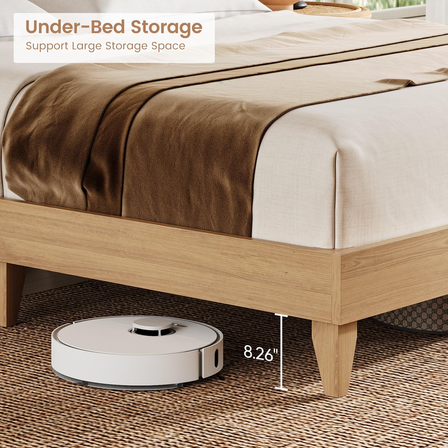 GarveeHome Full Size Solid Wood Bed Frame with Storage Shelves, Rattan Upholstered Bookcase Headboard with Sliding Doors & Adjustable Shelf, No Bos Spring Needed, Natural Solid Wood