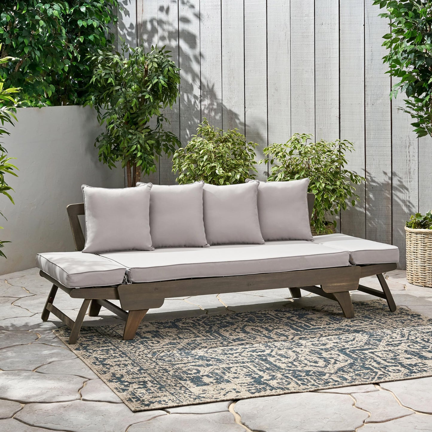 Christopher Knight Home Gary Patio Convertible Couch, Wooden Outdoor Daybed, 3-Seater Acacia Wood Patio Furniture Lounge Sofa for Backyard/Poolside/Garden, Back Pillow+Removable Cushion, Grey