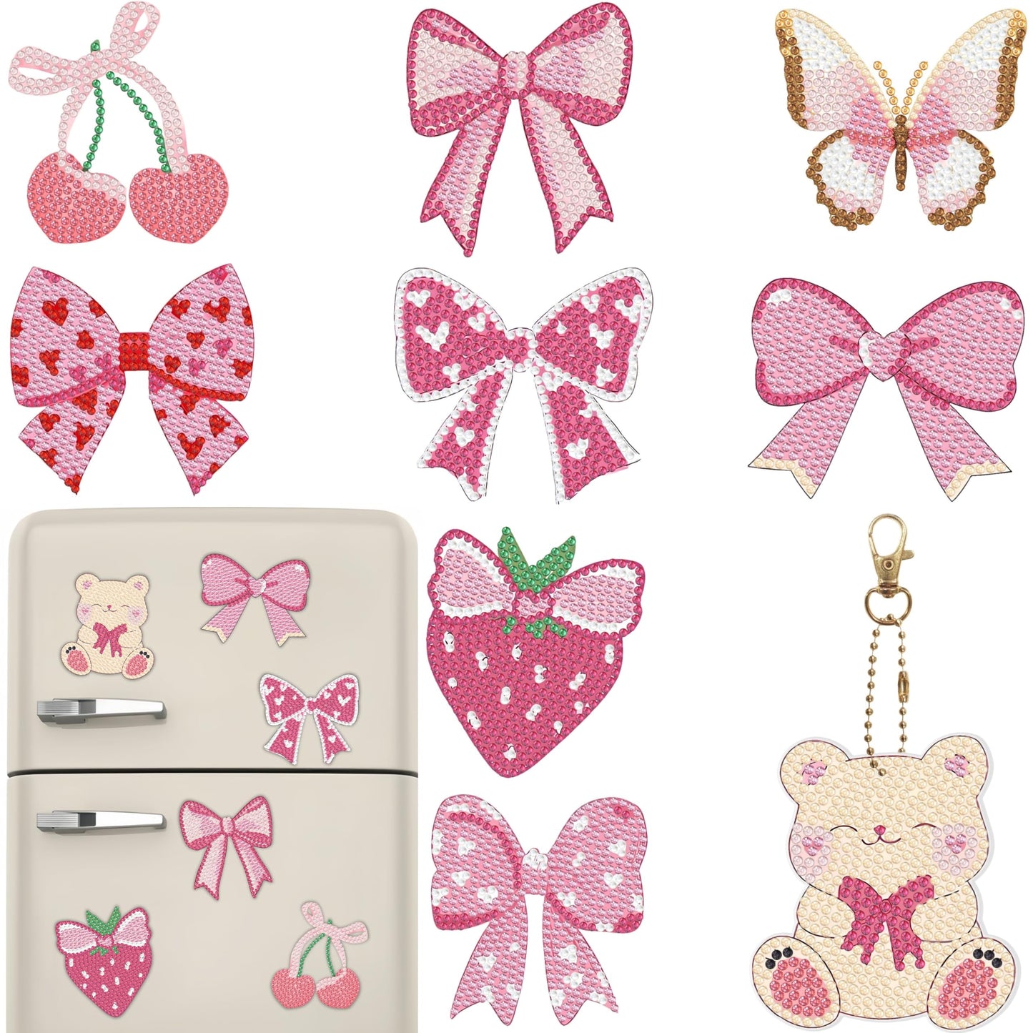 Bulerrylulu 9 Pcs Pink Diamond Painting Magnets Kits Bow Fridge Magnet Stickers Diamond Art Painting Keychains Gem Painting kit for Beginners Adults DIY Art Craft Gifts Home Decors