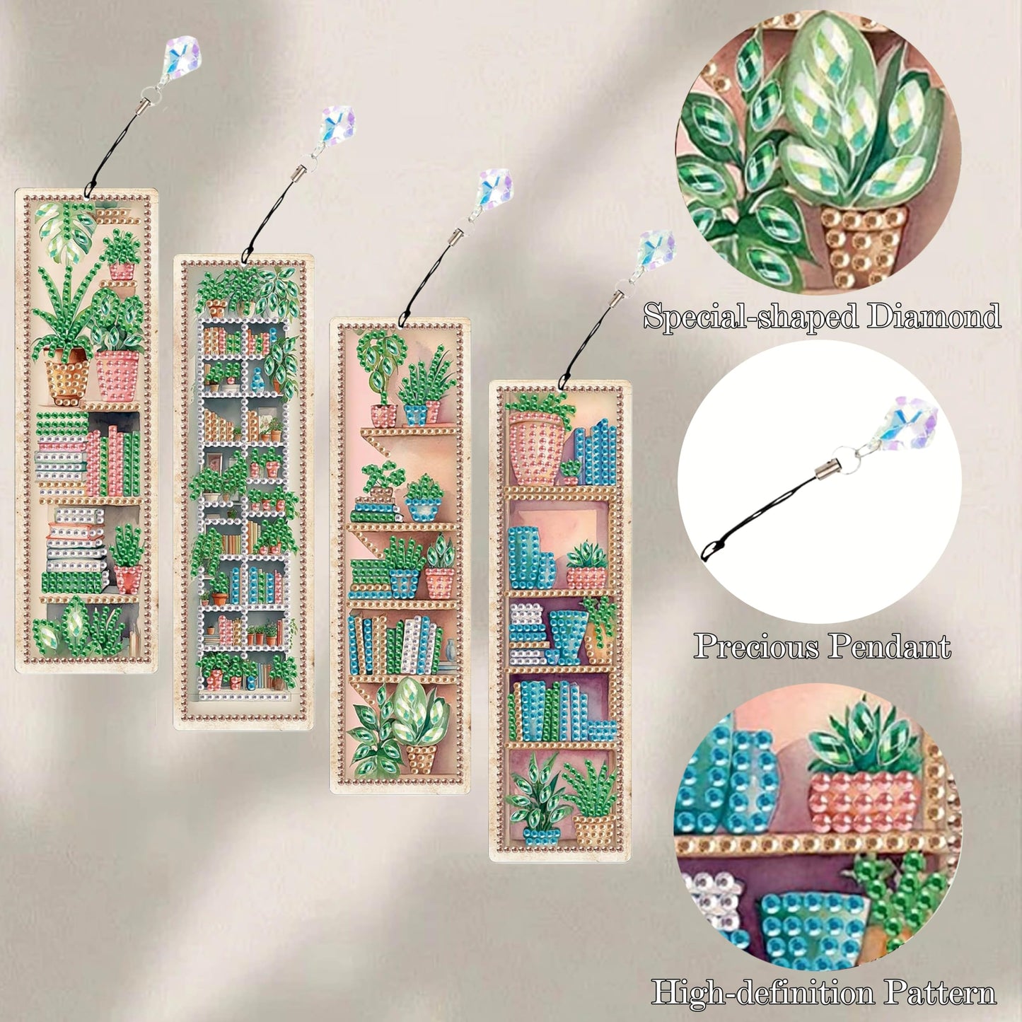 4 Pcs Diamonds Painting Bookmarks Diamond Art Kits for Adults DIY Full Round Gem Crystal Art Bookmarks with Pendant Home Office Supplies for Reading Lovers