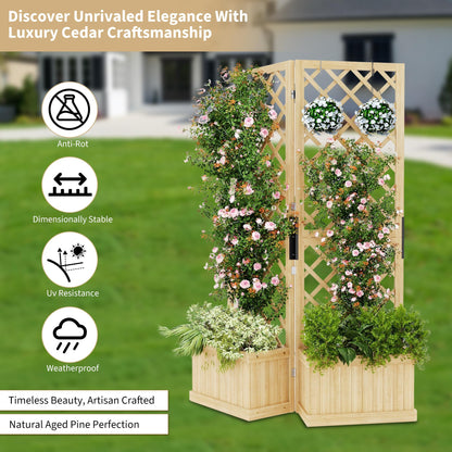 Cedar Privacy Screen with Planter Box - 2-Panel Freestanding Garden Fence, 41 in x10 in x65 in Tall Outdoor Divider with Drain Holes & Raised Bed for Patio, Deck & Backyard (Natural Wood)