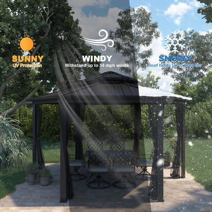 15x15FT Hexagon Hardtop Gazebo Heavy Duty Aluminum Frame Outdoor Gazebo Pergola Pavilion with Galvanized Steel Double Roof, Nettings & Ceiling Hook for Patio Backyard Deck Lawns