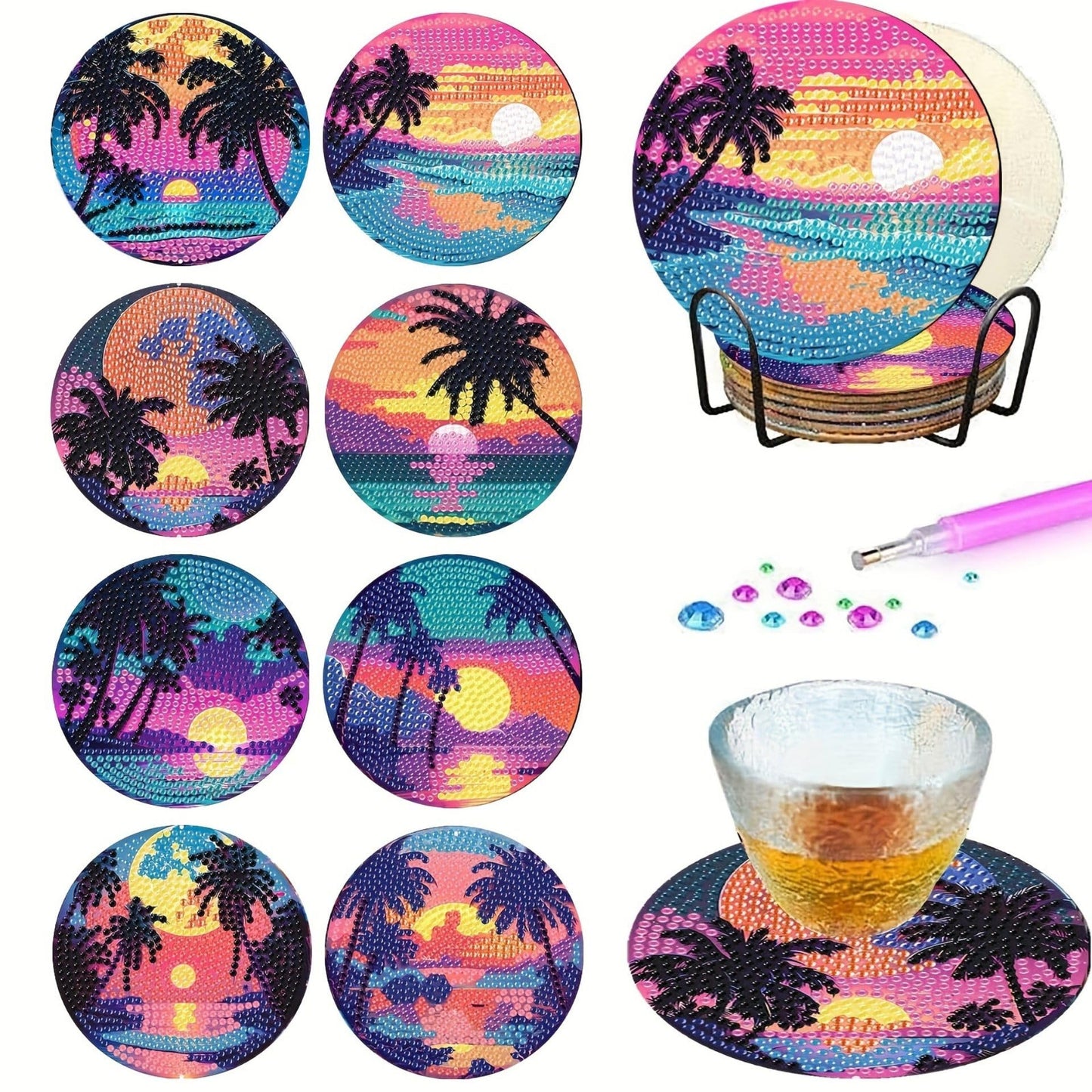 Bloomthread Sunset Beach Diamond Art Coasters Kits with Holder- 8 Pcs Acrylic Diamond Painting Coasters for Adults Beginners, DIY Craft Art Kits (Sunset)
