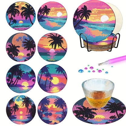 Bloomthread Sunset Beach Diamond Art Coasters Kits with Holder- 8 Pcs Acrylic Diamond Painting Coasters for Adults Beginners, DIY Craft Art Kits (Sunset)