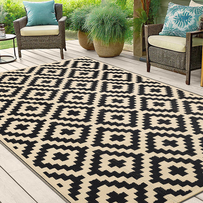 Smiry Waterproof Outdoor Rug 5x8 ft, Reversible Plastic Straw Patio Camping Rugs, Outdoor Indoor RV Mat Carpet for Patio, Outside Entry, Backyard, Deck, Bench, Picnic, Camper, Black & Beige